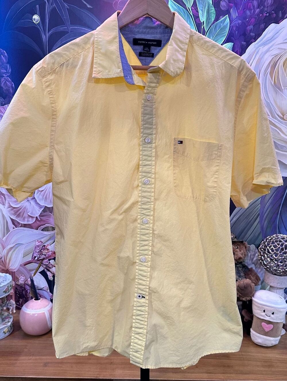 Tommy Hilfiger L Men’s Short Sleeve Button Down Shirt Classic Fit Preppy Yellow